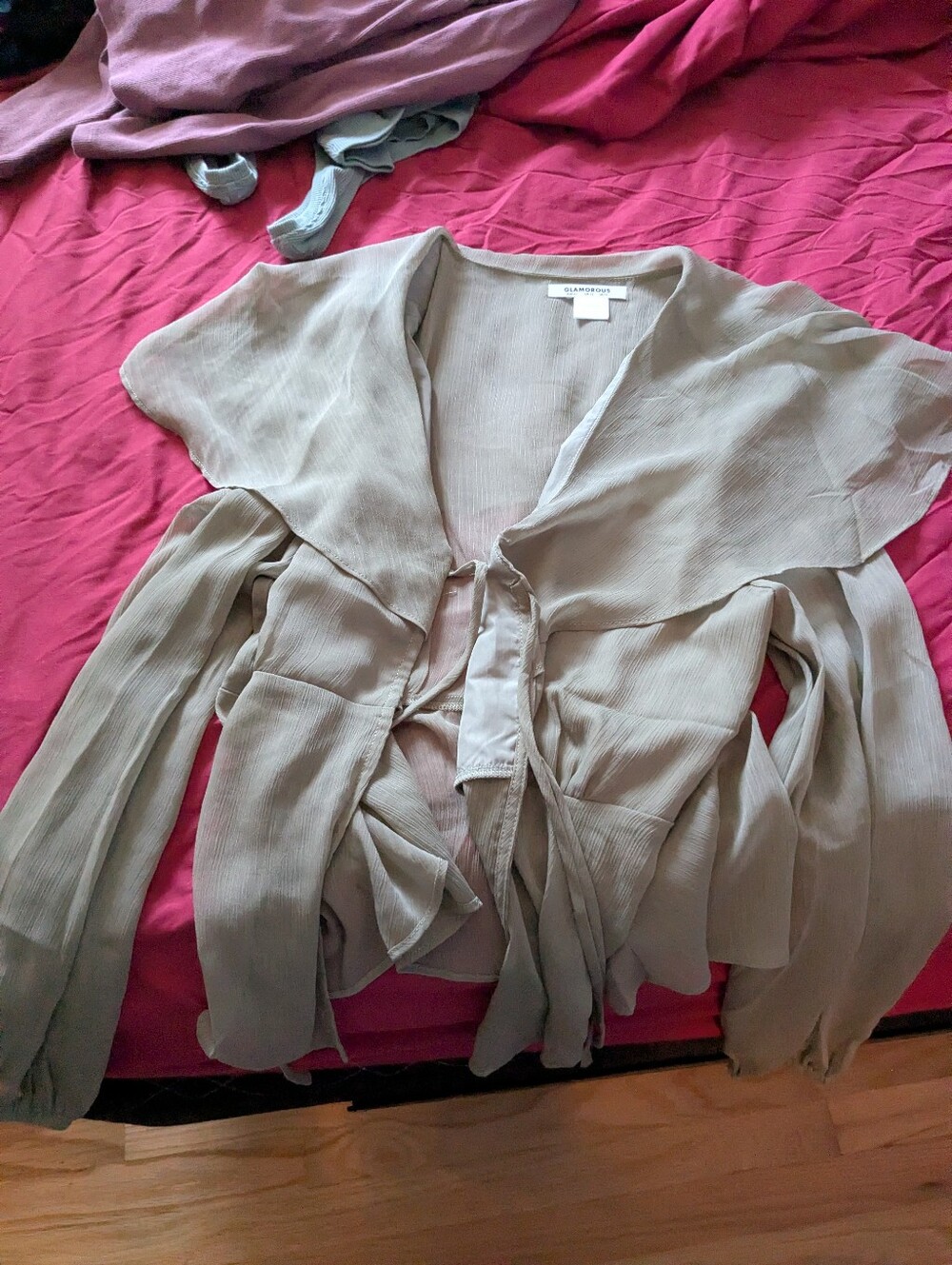 US 12 Light Green Tie Front Sheer Top